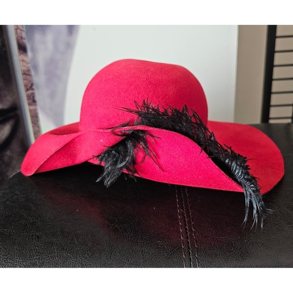 Commodore Lite Felt Red Wool Wide Brim Hat Black Feather Vintage Womens